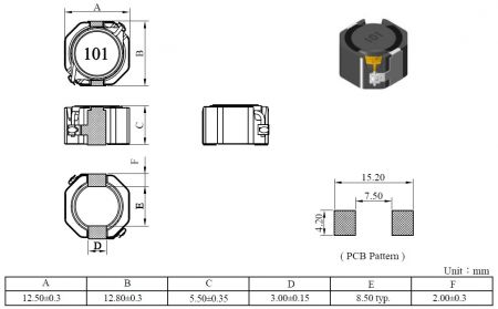 Configurazione e dimensioni dell'induttore di potenza serie MCU1255